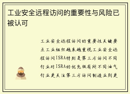 工业安全远程访问的重要性与风险已被认可 